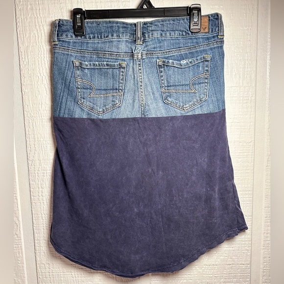 Denim and blue Skirt up cycle light acid wash distressed handmade - Picture 2 of 5